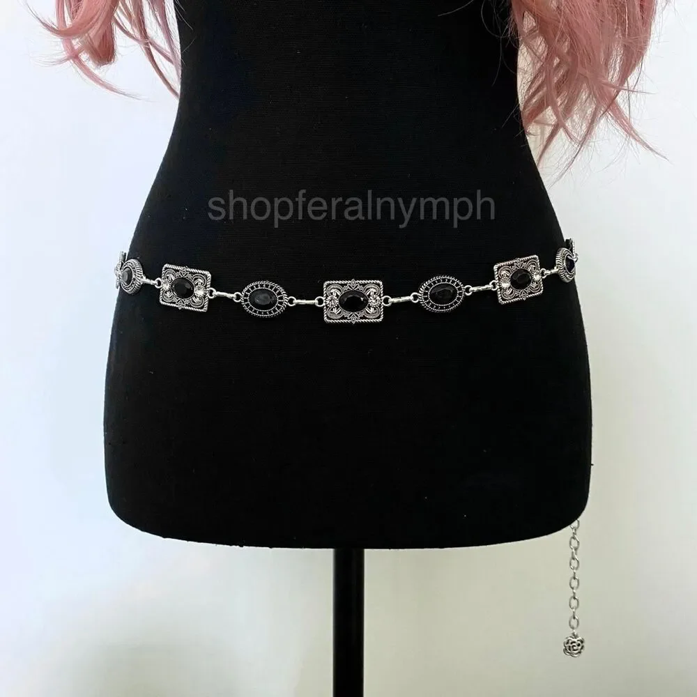 Silver Y2K Black Jewel Whimsygoth Chain Belt, Fits 25.5-42.5 Inches, X7GA1291